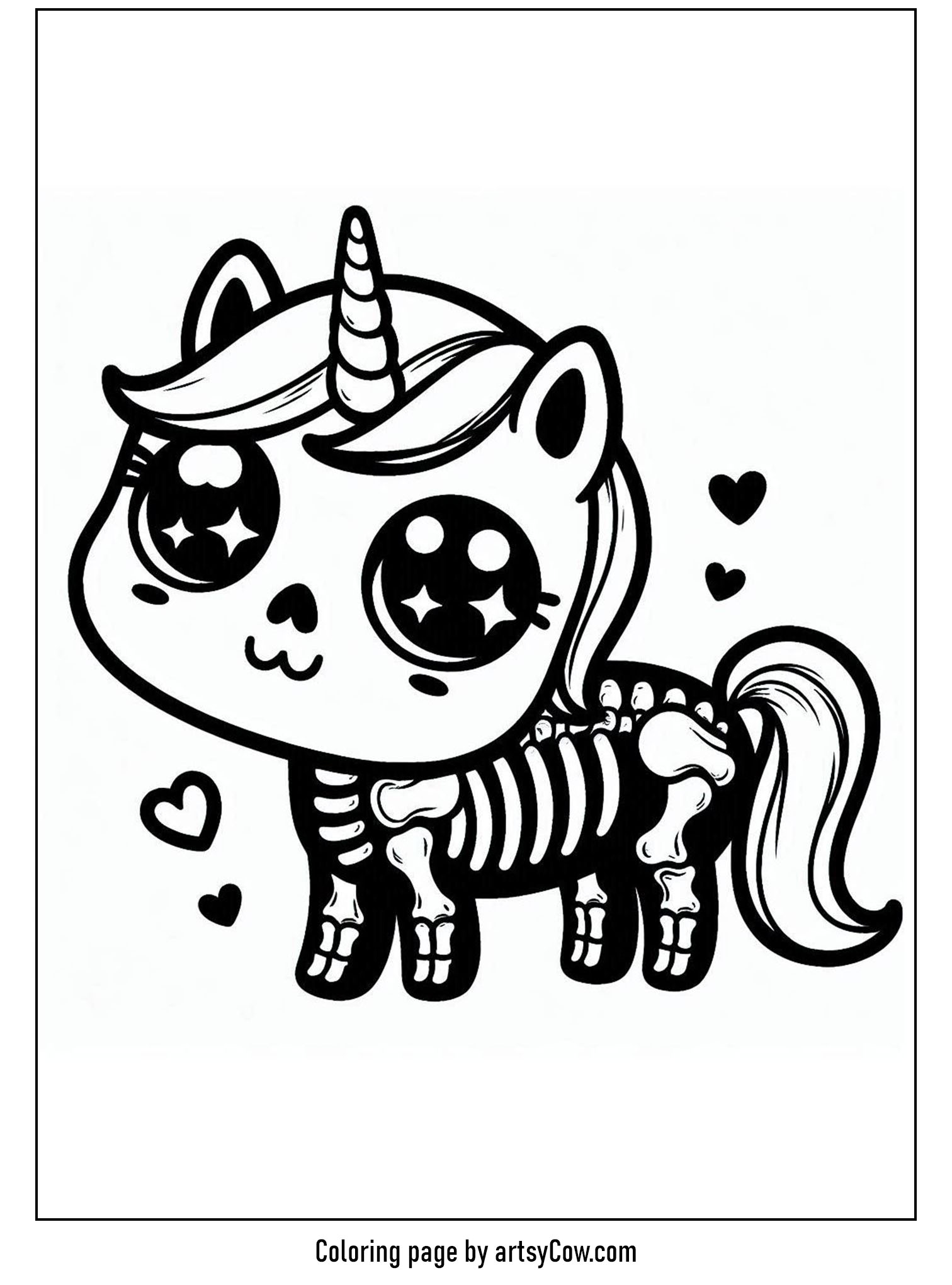 Halloween coloring pages with unicorn 2 featuring a cute skeleton unicorn with a big smile and adorable eyes, surrounded by floating hearts.